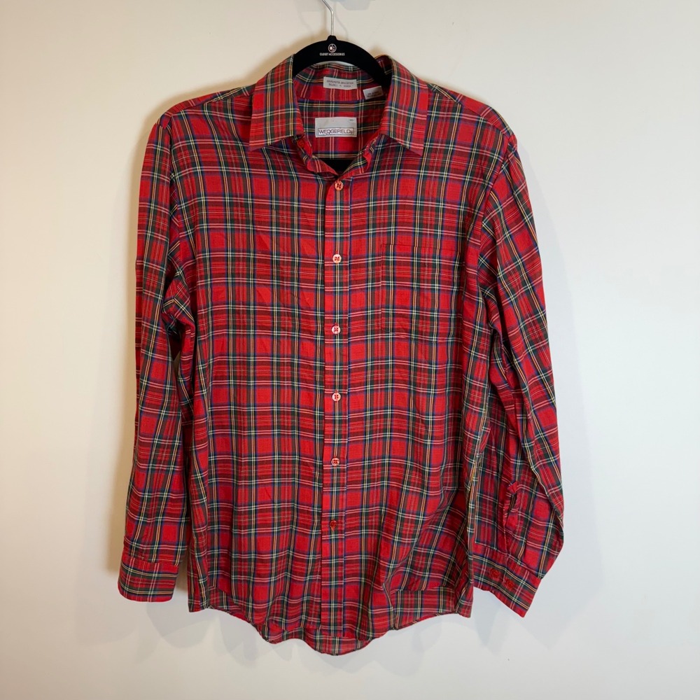 Wedgefield Men's Red Plaid Button Up Shirt Long Sleeve Size M